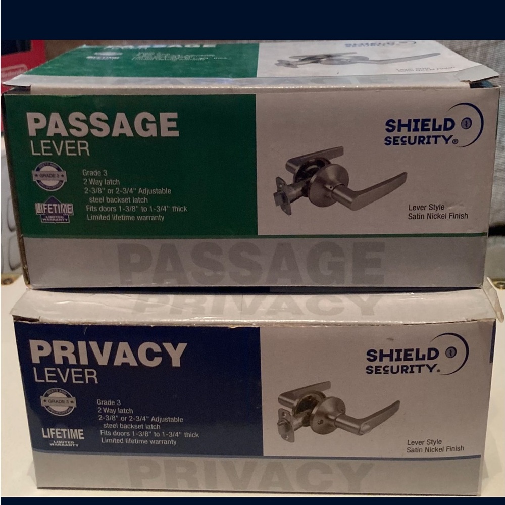 2 pack, Shield Security Passage Lockset Grade 3 Straight-Lever Satin Nickel